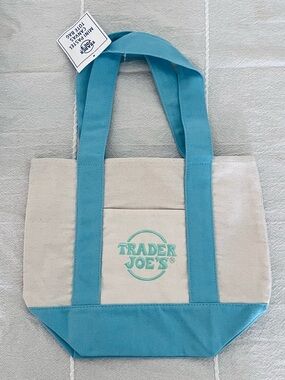 Small Trader Joe's Natural Canvas Tote with Teal Accents